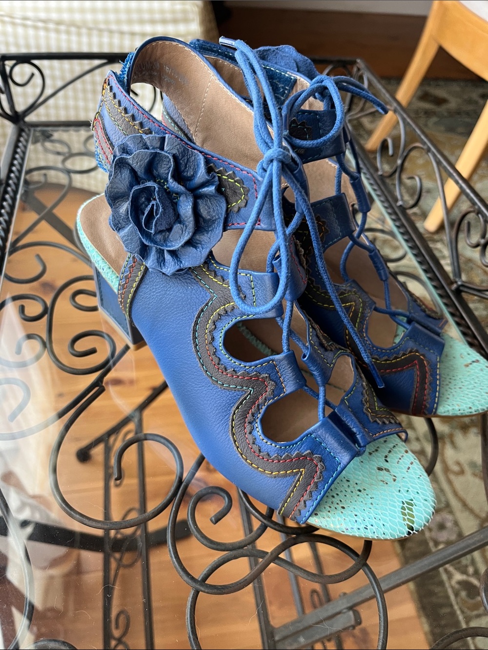 Spring Step Blue Lace-Up Heeled Sandals with Turquoise Toe